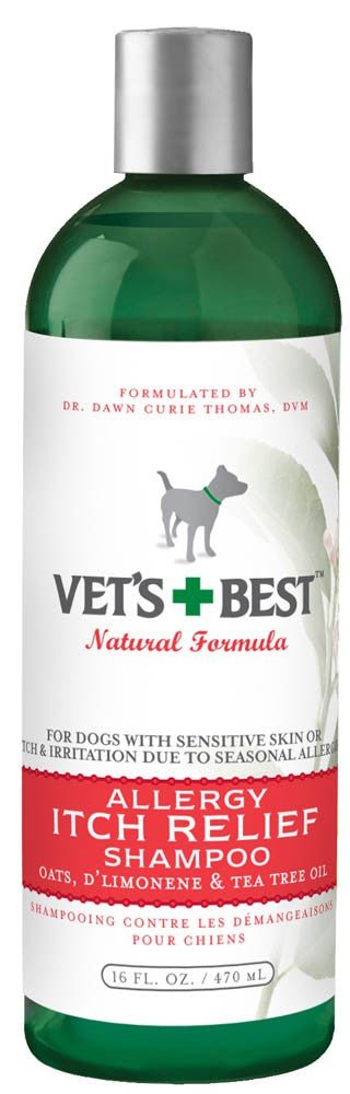 Green bottle of Vet's Best Allergy & Itch Relief Pet Shampoo with a silver cap, white label, and red accents.