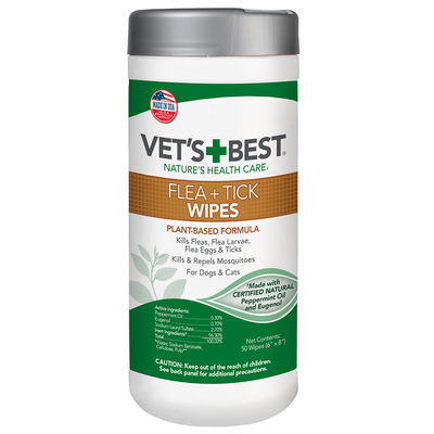 White tub of Vet's Best Flea + Tick Wipes with a gray lid, showing front label details.