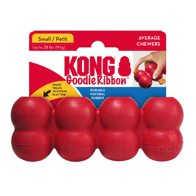 Small red segmented Goodie Ribbon chew toy packaged with treat photo