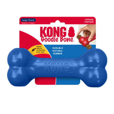 Blue KONG Goodie Bone dog toy in packaging, showing a hand inserting treats into a red KONG toy.