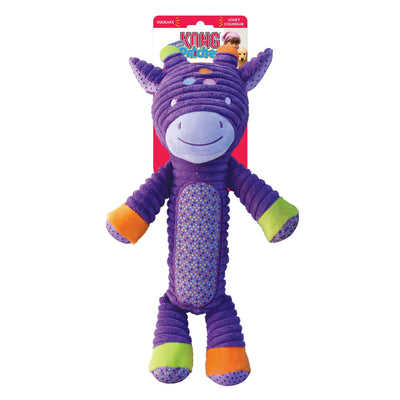 Purple corduroy plush giraffe dog toy with a polka-dot belly panel