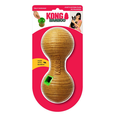 KONG Bamboo Treat Dispenser Dumbbell Dog Toy, Tan Medium, 3.25 in