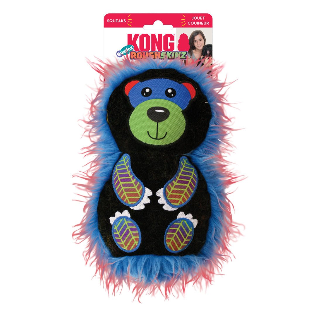 KONG RoughSkinz Suedez Bear Squeaker Dog Toy – Medium (Black) - Pets Perfect