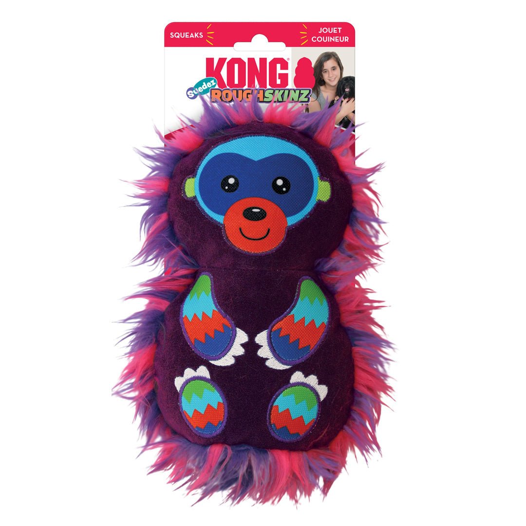 KONG RoughSkinz Suedez Monkey Squeaker Dog Toy – Medium (Purple) - Pets Perfect