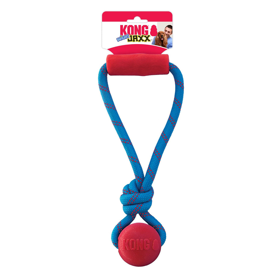 Blue knotted rope tug toy with red handle and rubber ball