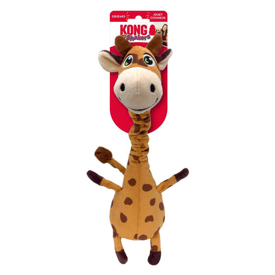 Tan plush giraffe toy with spotted body on backer card
