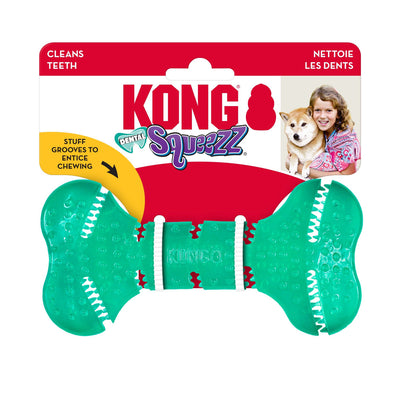 Green textured dental bone chew toy on Kong Squeezz retail card
