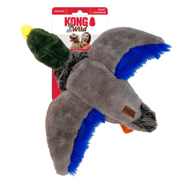 Wild Low Stuff Mallard duck plush dog toy with wings spread, packaged