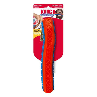 Orange and blue ridged chew stick toy shown on retail packaging card
