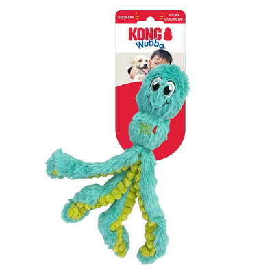 Teal octopus Wubba toy with big embroidered eyes and four tails on package