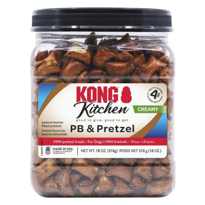 Clear jar of KONG Kitchen peanut butter pretzel treats