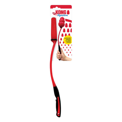 Red curved ball launcher wand with rubber ball attached, on card
