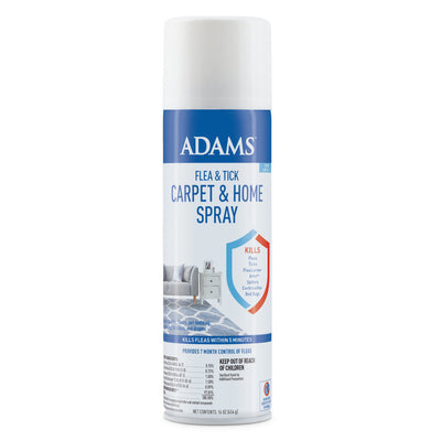 Flea and Tick Carpet and Home Spray can showing Kills shield and living room graphic