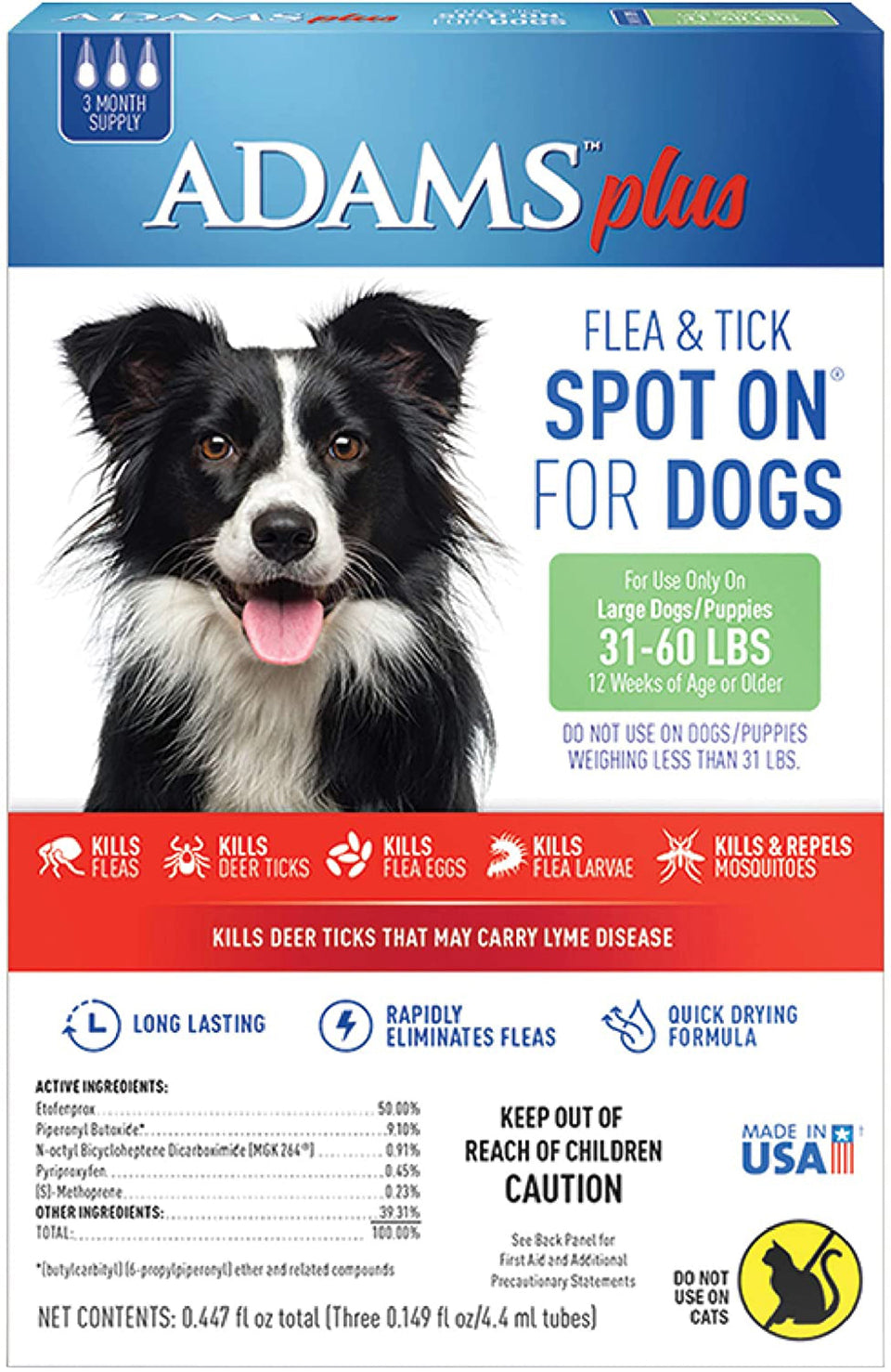 Adams Plus Flea Tick Prevention Spot On for Dogs 3 Month Supply, Clear, Large Dogs 31 To, 60 lb