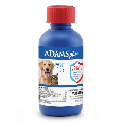 Blue bottle with red screw cap showing a dog and cat on the label