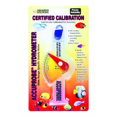 White AccuProbe hydrometer in clear packaging with colorful fish graphics, showing specific gravity measurements.