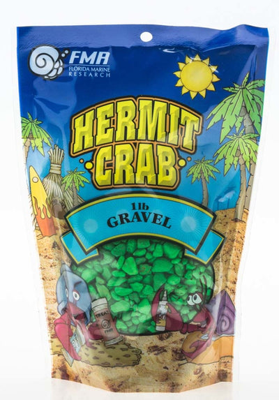 Green aquarium gravel visible through the window of Hermit Crab Gravel bag