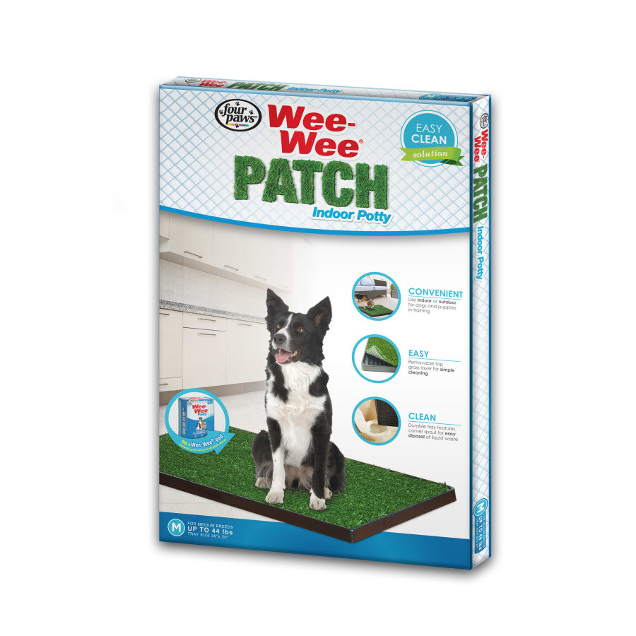 Angled box view of border collie on the grass patch tray with feature icons