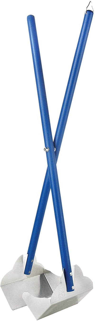 Long-handled scissor-action pooper scooper with blue handles and metal spade jaws