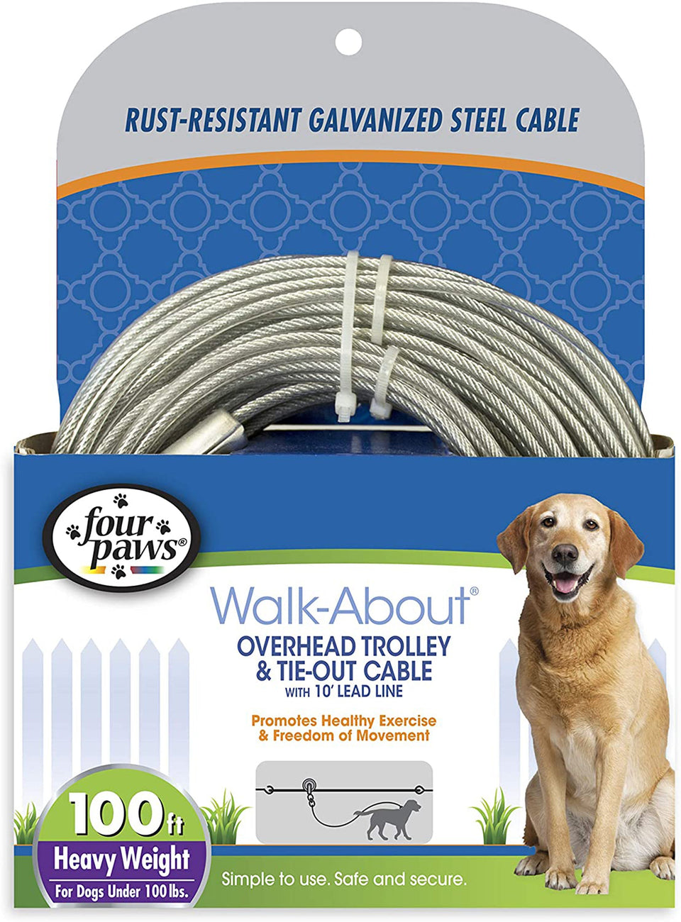 Four Paws Walk-About overhead trolley cable coiled on packaging with a Labrador retriever