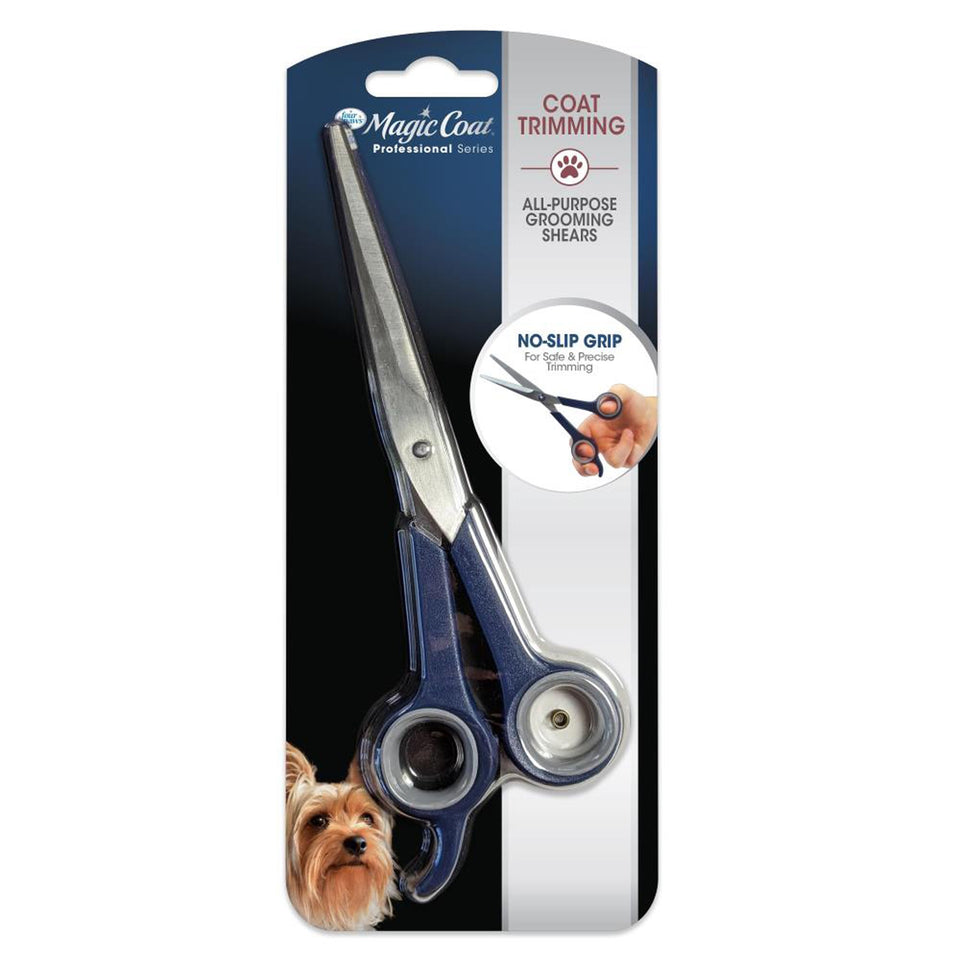 Stainless steel grooming shears with blue handles packaged for coat trimming