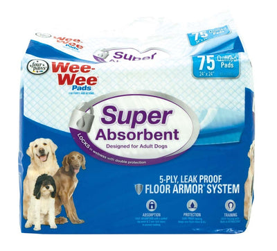 Wee-Wee Super Absorbent pee pads bag showing three dogs and 75 count