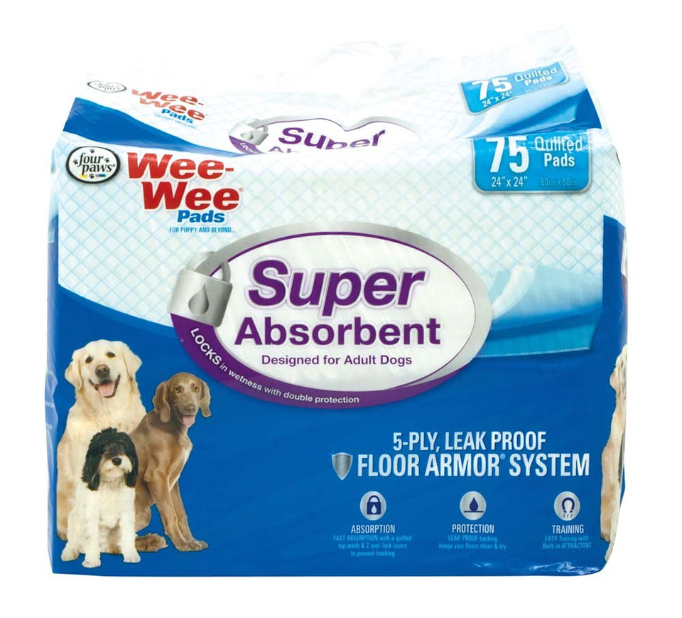 Wee-Wee Super Absorbent pee pads bag showing three dogs and 75 count