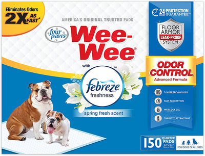 Bulldogs beside package of Febreze odor control training pads