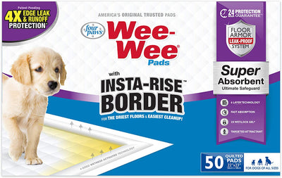 Box front with golden retriever puppy standing beside a quilted pee pad diagram, 50 count