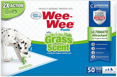 Dalmatian puppy sniffing Wee-Wee pad with grass scent design
