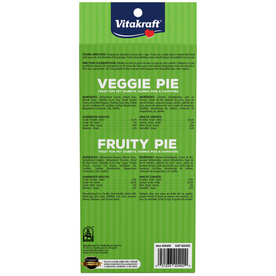 Vitakraft Veggie Pie & Fruity Pie small animal treats packaging, showing ingredients and nutritional info.