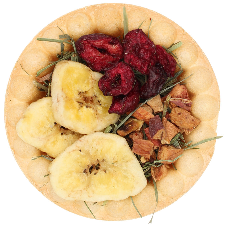 A round, light-colored treat pie filled with dried banana slices, red berries, and mixed fruit pieces on a bed of hay.