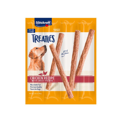 Vitakraft Treaties dog treats in a yellow and white package with a golden retriever and four chicken sticks.