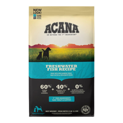 Acana dog food bag, Freshwater Fish Recipe, with two dog silhouettes in a field at sunset.
