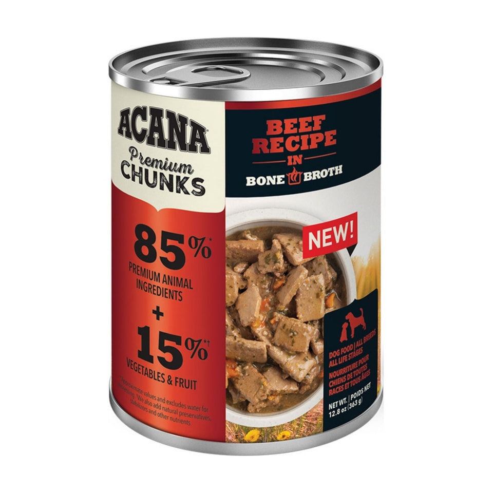 Acana Dog Grain Free Premium Chunks Beef Recipe In Bone Broth 12.8oz. (Case of 12)