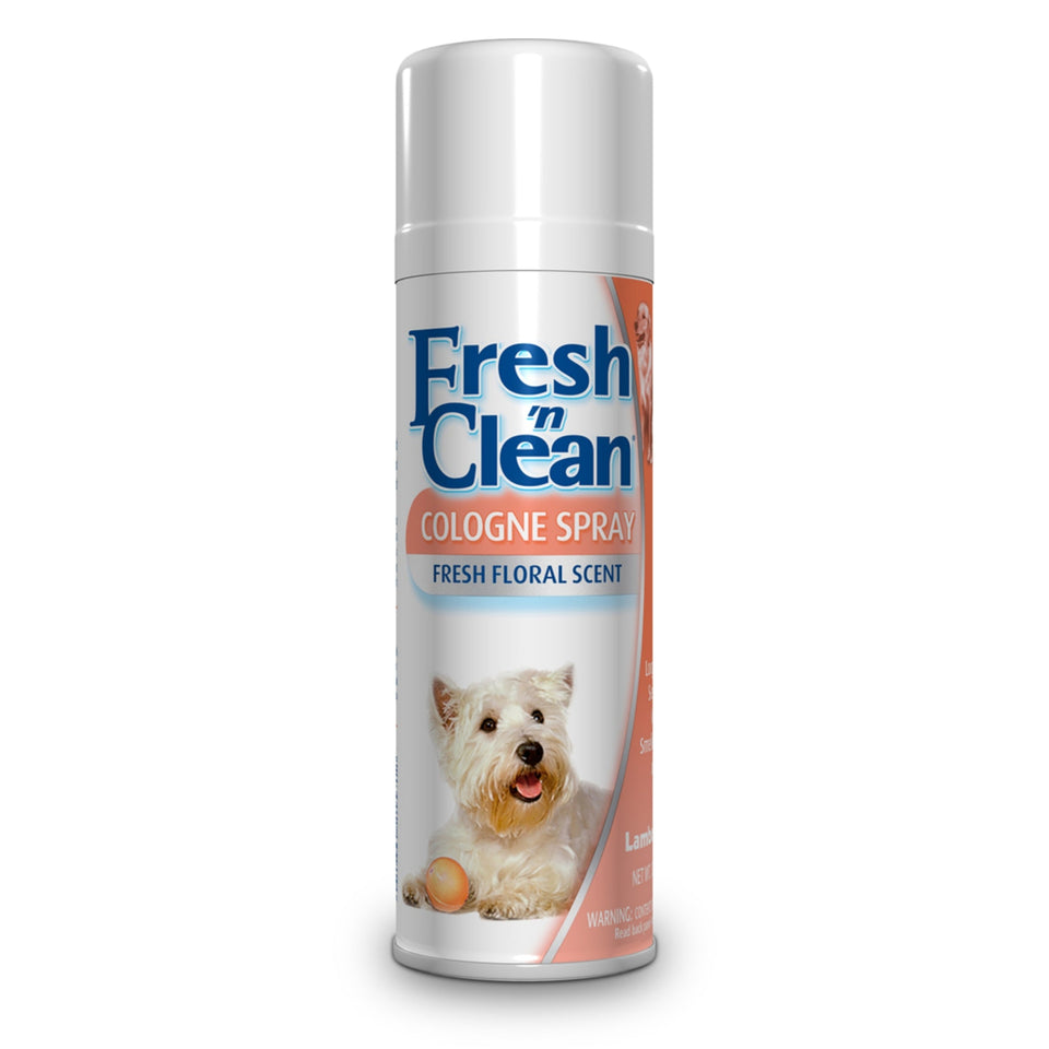 White cologne spray can with terrier on label, fresh floral scent