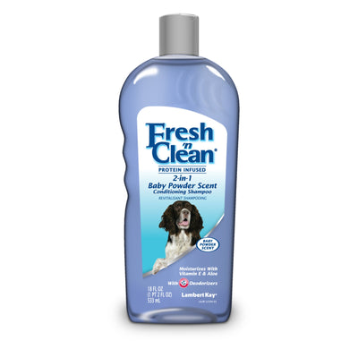 Blue-tinted bottle of protein infused shampoo with spaniel on label, baby powder scent