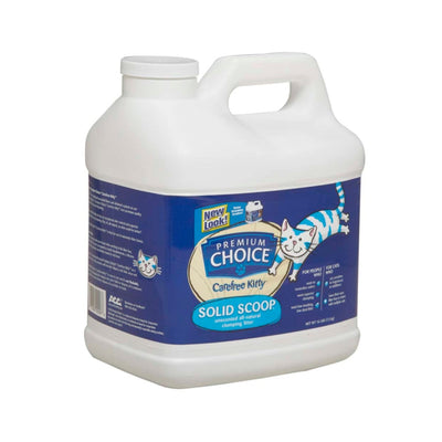 White plastic jug of Premium Choice Litter Carefree Kitty Solid Scoop cat litter with a blue label and a striped cat.