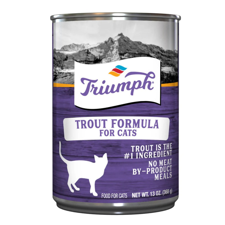 Triumph Trout Canned Wet Cat Food, 13 oz, with a purple label featuring a mountain range and a white cat silhouette.