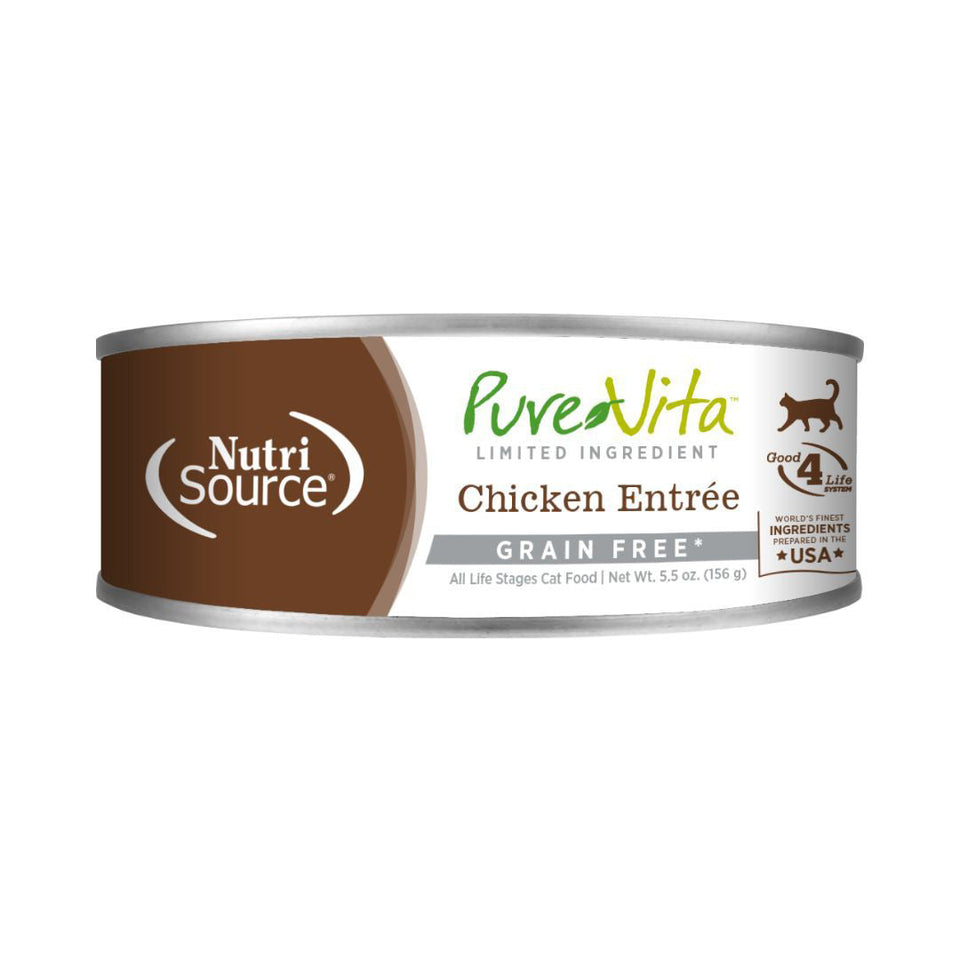 Brown and white can of PureVita Limited Ingredient Chicken Entrée Grain Free cat food, 5.5 oz.