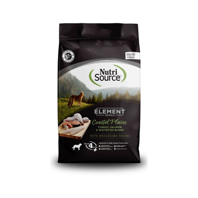 NutriSource Element Series Coastal Plains dry dog food bag, black with a dog in a field, raw turkey, salmon, and whitefish.