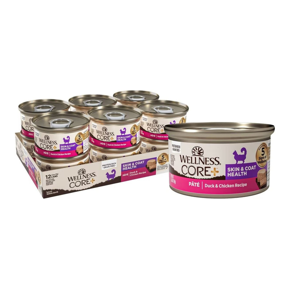 Wellness CORE+ Skin and Coat Wet Cat Food - Duck and Chicken Grain-Free Pate, 2.8 oz, 12 ct