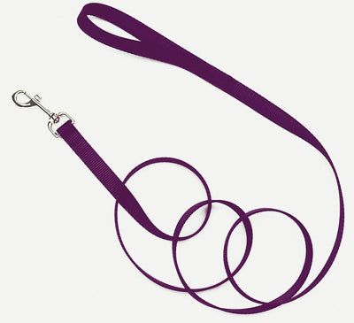 Purple nylon leash coiled showing metal clasp and loop handle