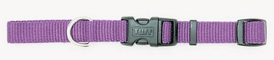 Purple nylon dog collar laid flat showing quick-release buckle and slide adjuster