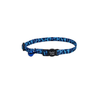 Blue leopard-print breakaway cat collar with silver bell and buckle