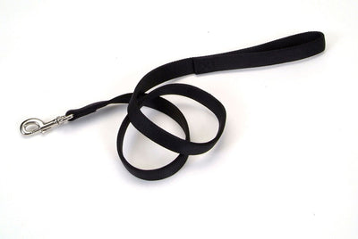 Black nylon leash coiled loosely showing stitched handle and swivel clip