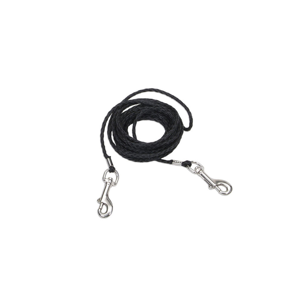 Coiled black rope tie-out with swivel snap hooks on both ends