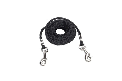 Coiled black rope tie-out with a metal clip on both ends