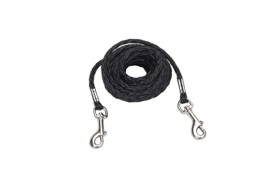 Coiled black rope tie-out with a metal clip on both ends
