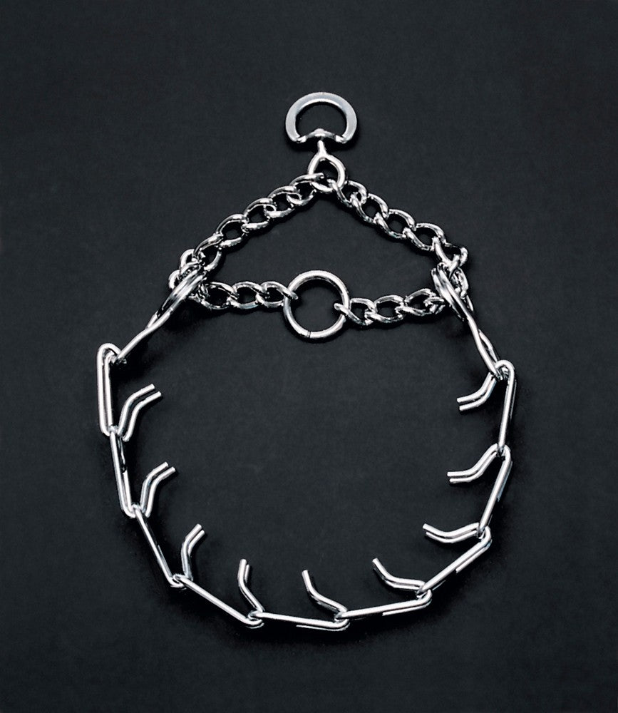 Silver metal prong dog collar with a chain loop and O-ring, laid flat on a dark background.